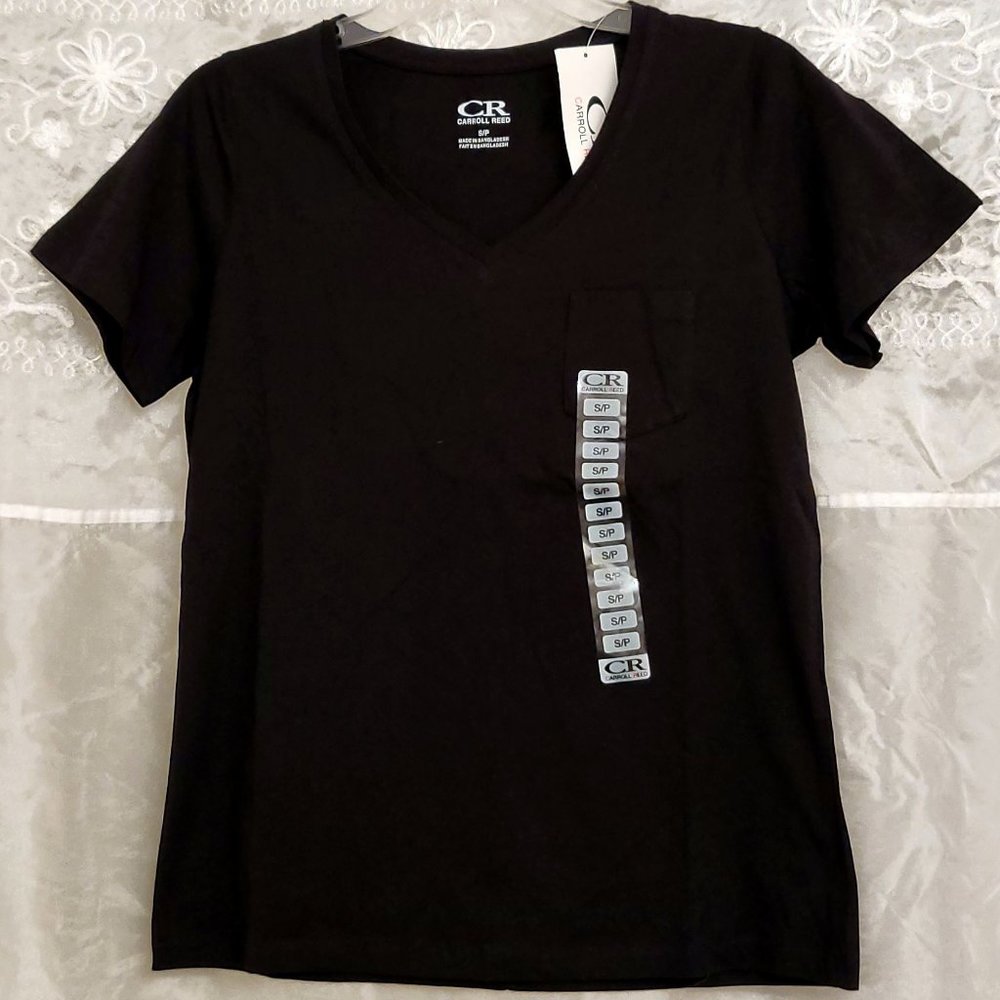 NEW Black V-Neck Basic T-Shirt, 100% Cotton, Short Sleeves, Pockets! S/M